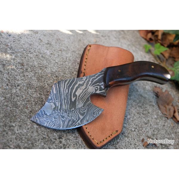 Couteau d'Esquimau Inuit Ulu/Hachoir Lame Acier Damas 256 Couches Manche Bois Etui Cuir Fab Artisan