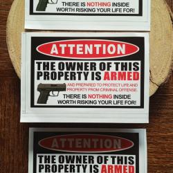 stickers X3  autocollants prevention s&eacute;curit&eacute; intrus 9 mm gun danger LIVRAISON OFFERTE LETTRE VERTE