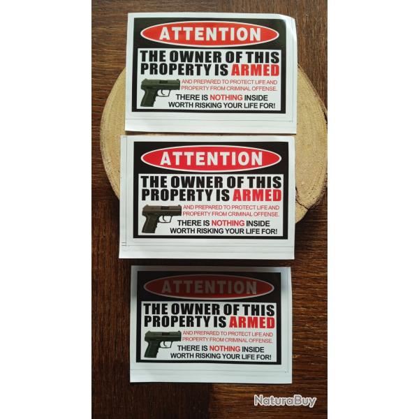 stickers X3  autocollants prevention s�curit� intrus 9 mm gun danger LIVRAISON OFFERTE LETTRE VERTE