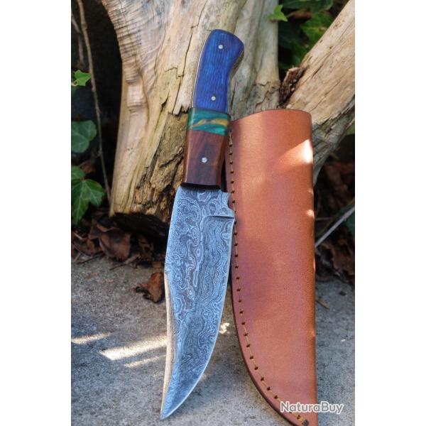 Poignard Bowie Couteau de Chasse Damas Lame 256 Couches Manche Bois Fabric Artisanale Etui Cuir