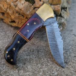 Couteau Lame Damas 128 Couches Manche Bois/Corne/Laiton Fa&ccedil;on Buck 112 Fab Artisanale Lockback
