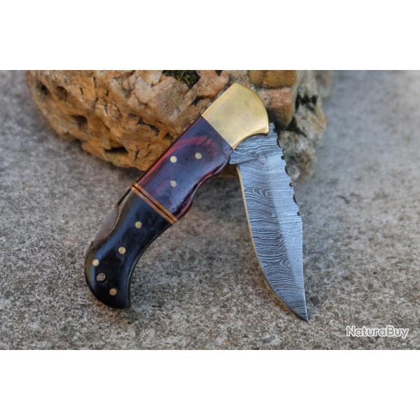 Couteau Lame Damas 128 Couches Manche Bois/Corne/Laiton Fa�on Buck 112 Fab Artisanale Lockback