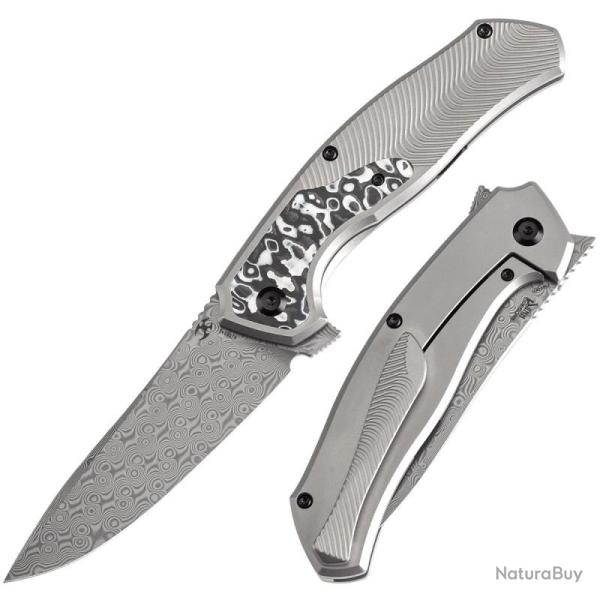 Couteau Kansept Hav�rn Lame Damas Manche Titane Carbone Noir Blanc Frame Lock K1069A1