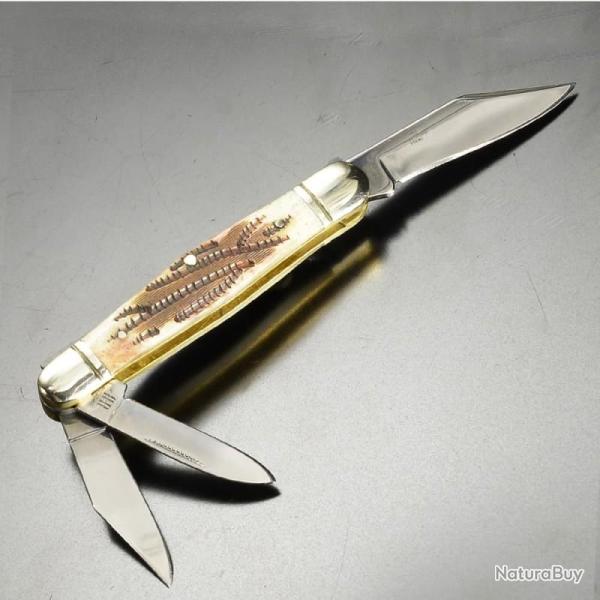 Couteau Pliant Rough Rider Whittler Lame Acier 440A Manche Os Fa�on Bois de Cerf Beige Slip Joint