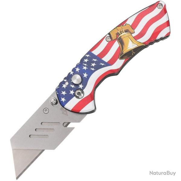 Couteau S-TEC Utility Flag Bell Lame Inox Manche Aluminium Bleu Blanc Rouge Button Lock STT202516