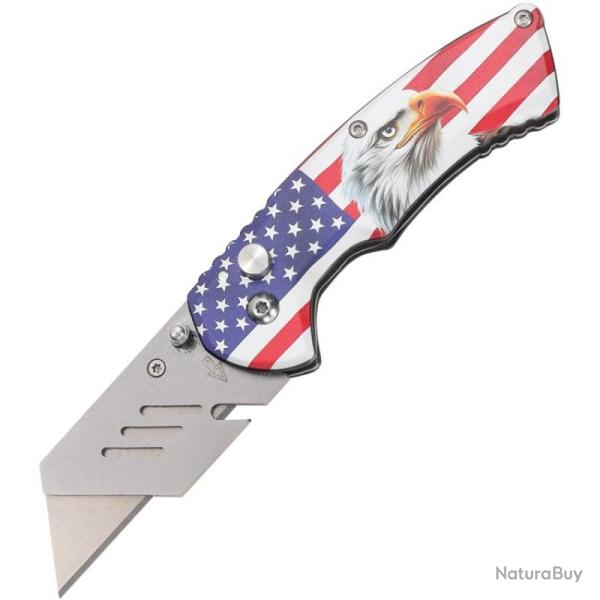 Couteau S-TEC Utility Flag Eagle Lame Inox Manche Aluminium Bleu Blanc Rouge Button Lock STT202515