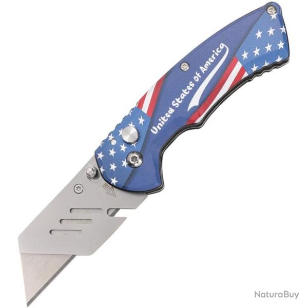 Couteau Pliant S-TEC Utility Flag Lame Inox Manche Aluminium Bleu Button Lock STT202514