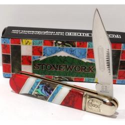 Couteau Rough Rider Stoneworx Barlow Lame Acier Inoxydable Manche Nacre Pierre Turquoise Back Lock