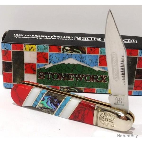 Couteau Rough Rider Stoneworx Barlow Lame Acier Inoxydable Manche Nacre Pierre Turquoise Back Lock