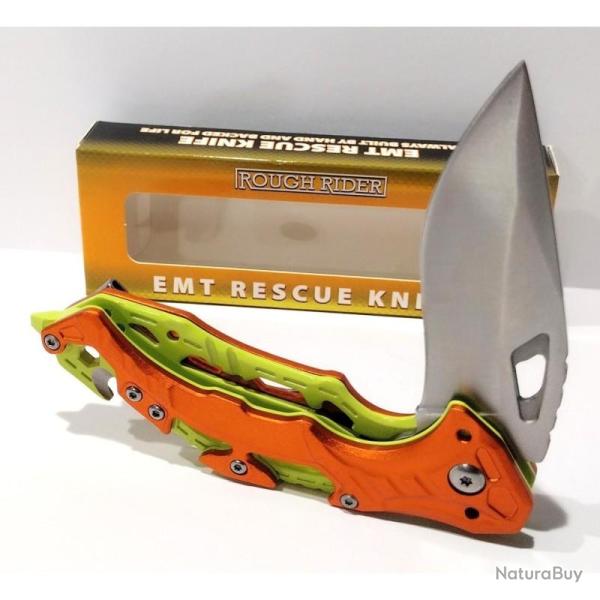 Couteau Rough Rider EMT Rescue Lame Acier Inoxydable Manche Aluminium Orange Liner Lock RR2763