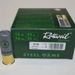 Boite de 25 cartouches Rottweil steel game  12/70, acier , 32 grammes , Numero 4