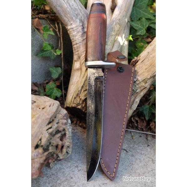 Couteau de Chasse Bowie Lame Drop Point Acier Carbone 1055 Blk Manche Bois Etui Fabr Artisanale