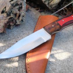 Couteau de Chasse Skinner Lame Clip Point Acier Carbone 1055 Manche 2 Bois Etui Cuirl Fab Artisanal