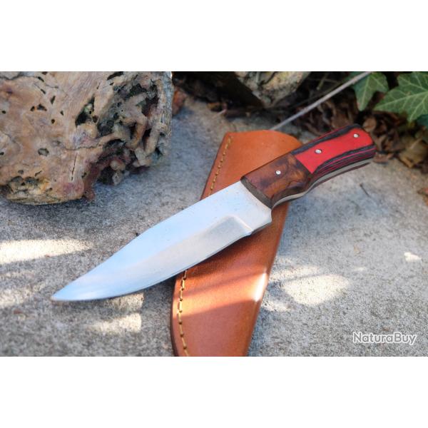 Couteau de Chasse Skinner Lame Clip Point Acier Carbone 1055 Manche 2 Bois Etui Cuirl Fab Artisanal
