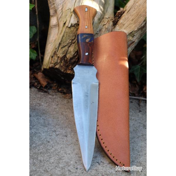 Couteau Dague Scottish Dirk Lame Acier Carbone 1075 Manche 2 Bois Etui Cuir Fabric Artisanale