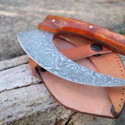 Couteau d'Esquimau Inuit Ulu Lame Acier Inox Manche R&eacute;sine Etui Cuir Fabr Artisanale 01