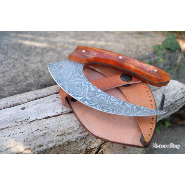Couteau d'Esquimau Inuit Ulu Lame Acier Inox Manche R�sine Etui Cuir Fabr Artisanale 01