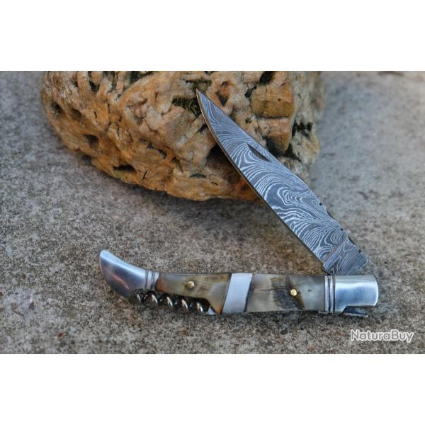Couteau Damas Lame 128 Couches Fa�on Laguiole Manche Bois de Cerf/Acier Tire Bouchons F Artisanale