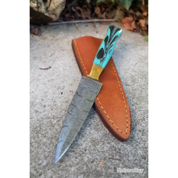 Couteau Dague Scottish Dirk Lame Acier Damas 256 Couches Manche Abs/Laiton Etui Cuir Fab Artisanale