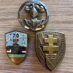 3 insignes militaire 70 RIF, 25&egrave;me anniversaire lib&eacute;ration de l'Alsace, Arm&eacute;e blind&eacute;e