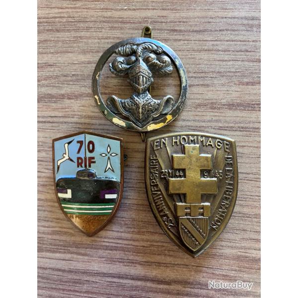 3 insignes militaire 70 RIF, 25�me anniversaire lib�ration de l'Alsace, Arm�e blind�e