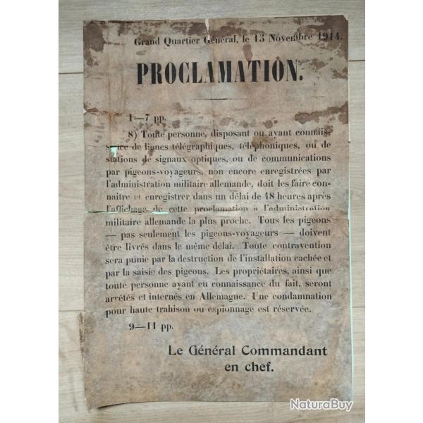 Rare affichette proclamation du 13 Novembre 1914 sur la d�tention des Pigeons