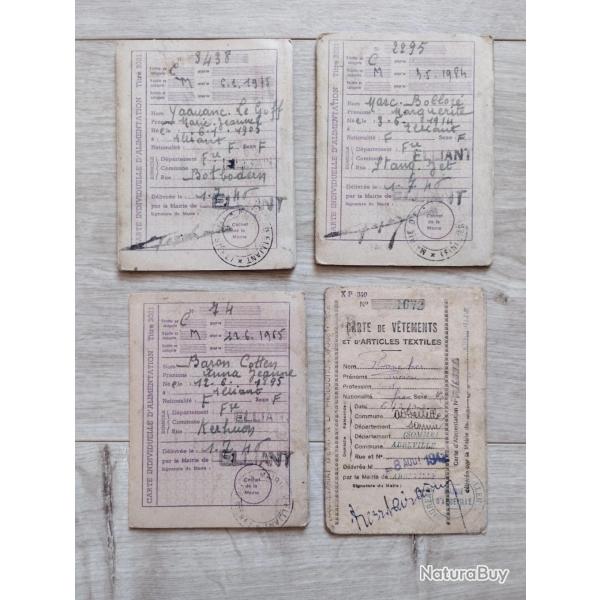 Lot de 3 anciennes cartes individuelles d'alimentation + 1 de textile ann�es 1942 et 1946