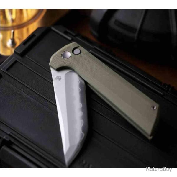 Couteau North Mountain Blade Lame TANTO Acier SLD-Magic San Mai Manche G10 Green Button Lock