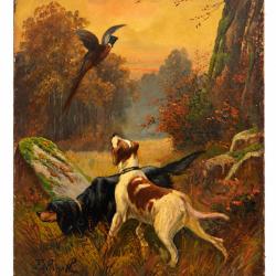 Huile sur toile sign&eacute;e Falcinelli  Sc&egrave;ne de chasse  65 &times; 49,5 cm