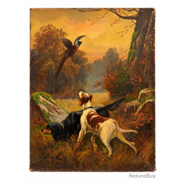 Huile sur toile sign�e Falcinelli  Sc�ne de chasse  65 � 49,5 cm