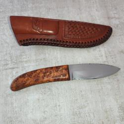 Couteau artisanal JUAN IGNACIO SAIZ - J.S. - Bois loupe - &Eacute;tui cuir travaill&eacute;