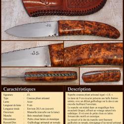 Couteau artisanal JUAN IGNACIO SAIZ - J.S. - Bois loupe - &Eacute;tui cuir travaill&eacute;
