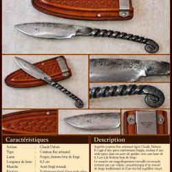 Titre : Couteau artisanal Claude DUBOIS - Forg&eacute; monobloc - Manche torsad&eacute; - &Eacute;tui cuir