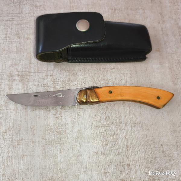 Couteau LE CORR�ZE - Eustache - Manche en buis - Mitres laiton - �tui cuir