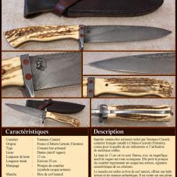 Couteau artisanal Tommaso CIANETTI - Lame Damas - Bois de cerf - &Eacute;tui cuir