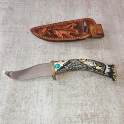 Couteau artisanal TED MILLER - Cerf sculpt&eacute; Bison - Turquoise - &Eacute;tui cuir