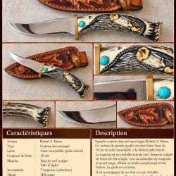Couteau artisanal TED MILLER - Cerf sculpt&eacute; Bison - Turquoise - &Eacute;tui cuir