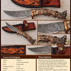 Couteau artisanal SHEPPERS - Lame Damas c&acirc;ble - Bois de cerf - &Eacute;tui cuir
