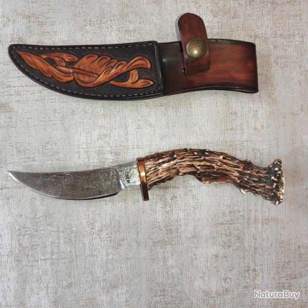 Couteau artisanal SHEPPERS - Lame Damas c�ble - Bois de cerf - �tui cuir