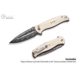 Couteau Pliant Civivi Incindie Lame Spear Point Acier Damas Manche G10 Ivoire Button Lock