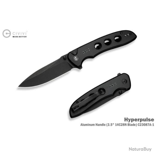 Couteau Pliant Civivi Hyperpulse Lame Drop Point Acier 14C28N Manche Aluminium Noir Button Lock