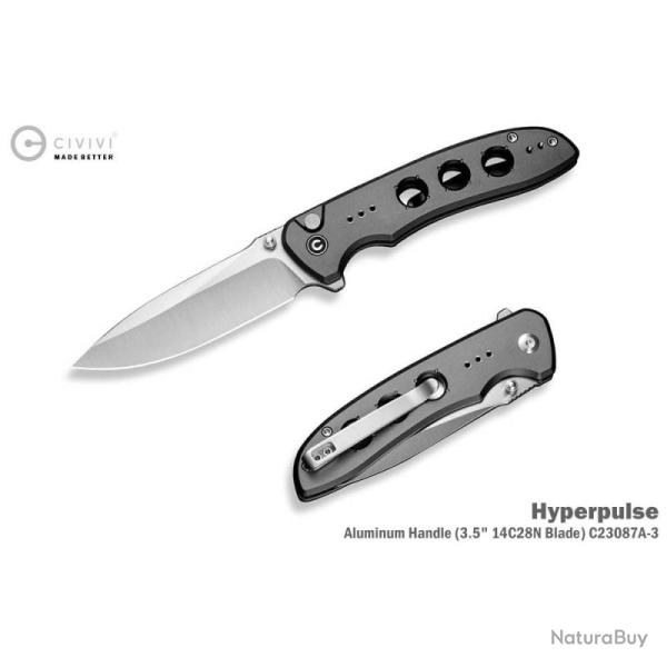 Couteau Pliant Civivi Hyperpulse Lame Drop Point Acier 14C28N Manche Aluminium Gris Button Lock