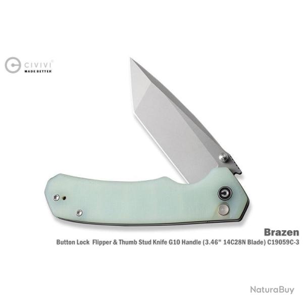 Couteau Pliant Civivi Brazen Lame Tanto Acier 14C28N Manche G10 Jade Button Lock CIVC19059C3
