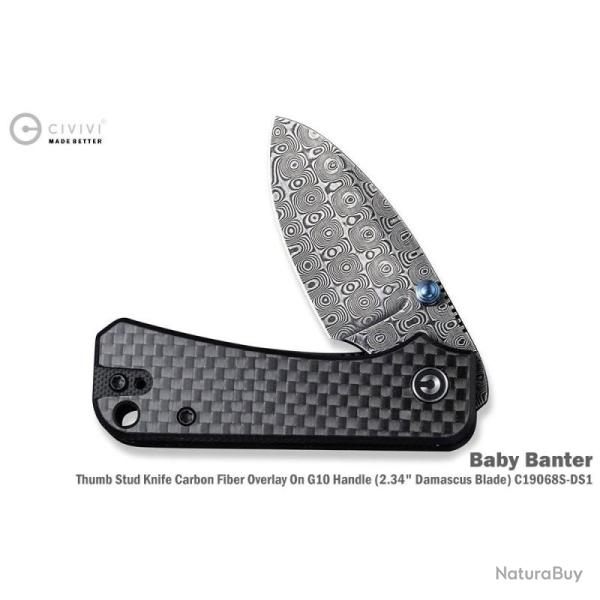 Couteau Pliant Civivi Baby Banter Lame Acier Damas Manche G10 Noir Carbone Twill Linerlock