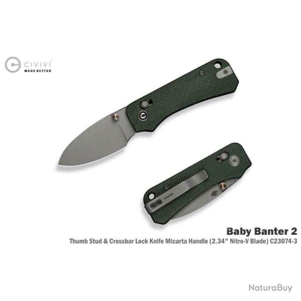 Couteau Pliant Civivi Baby Banter 2 Lame Acier Nitro-V Manche Micarta Vert Crossbar Lock CIVC230743