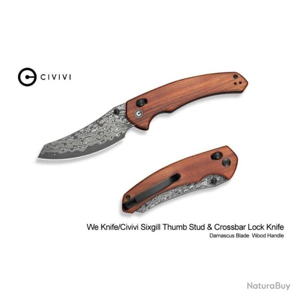 Couteau Pliant Civivi Sixgill Lame Acier Damas Manche Bois Marron Crossbar Lock CIVC24050DS1
