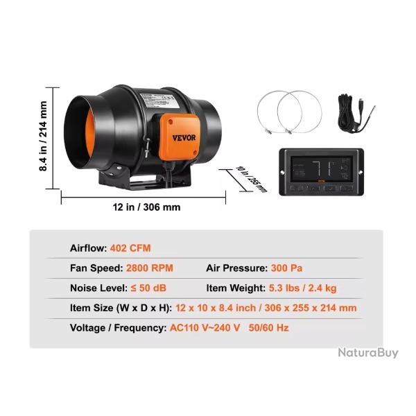 Ventilateur de conduit en ligne avec contr�leur de temp�rature et d'humidit� Ventilateur, EC 15CM