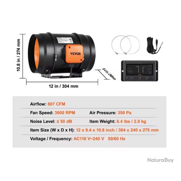 Ventilateur de conduit en ligne avec contr�leur de temp�rature et d'humidit� Ventilateur, EC 20CM
