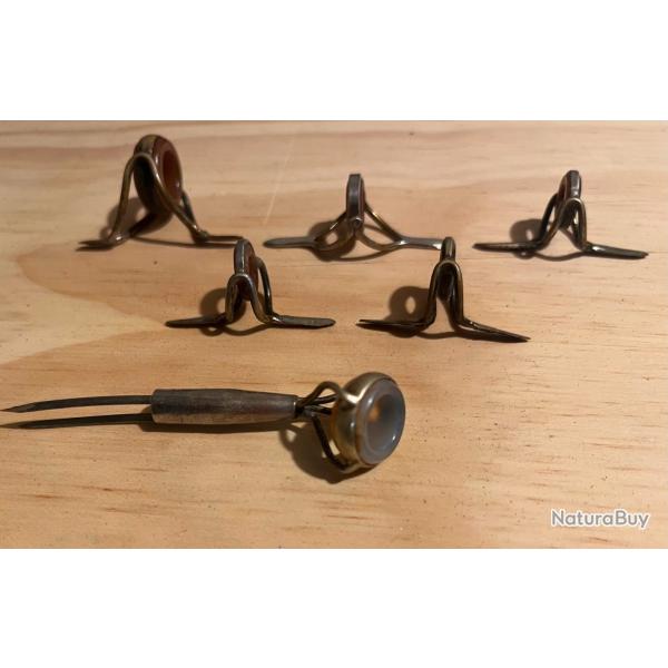 Lot 6 anneaux anciens en agate v�ritable, canne saumon, canne lancer, bambou refendu, vers 1920-1950