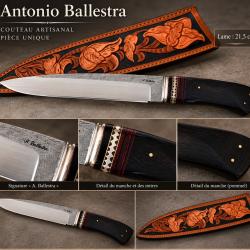 Exceptionnel couteau fixe artisanal Santino Ballestra - pi&egrave;ce de collection - &eacute;tui cuir travaill&eacute;
